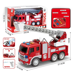 Camión de bomberos inercial 1:16 (cuatro teclas con luz y música, función de pulverización de agua)