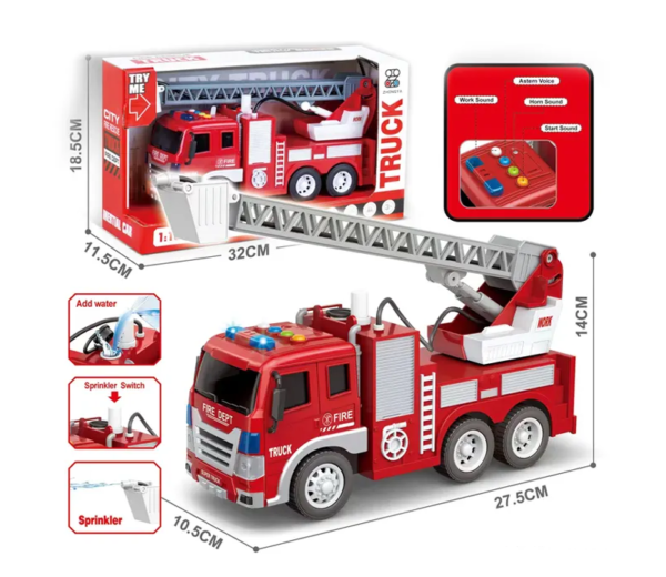 Camión de bomberos inercial 1:16 (cuatro teclas con luz y música, función de pulverización de agua)